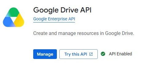 Google Drive API: состояние API Enabled и кнопка Manage